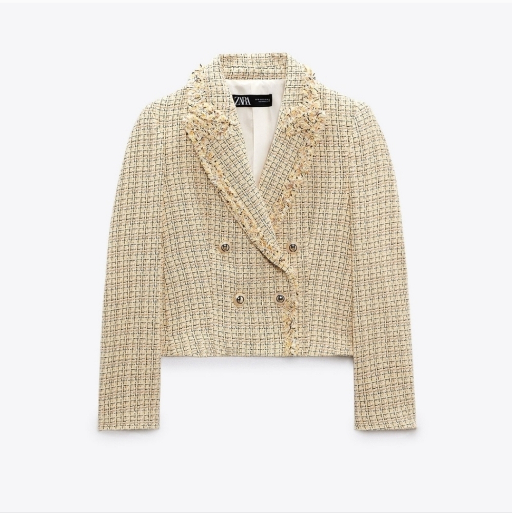 SOLD Zara Tweed Cropped Blazer Sz M Butter Yellow Double Breasted Preppy - Picture 3 of 13